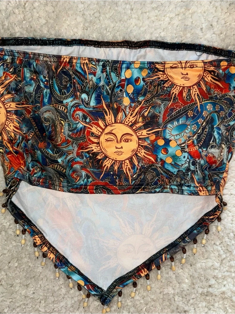 Bohemian Sun Motif Triangle Crop Top - Blue & Orange